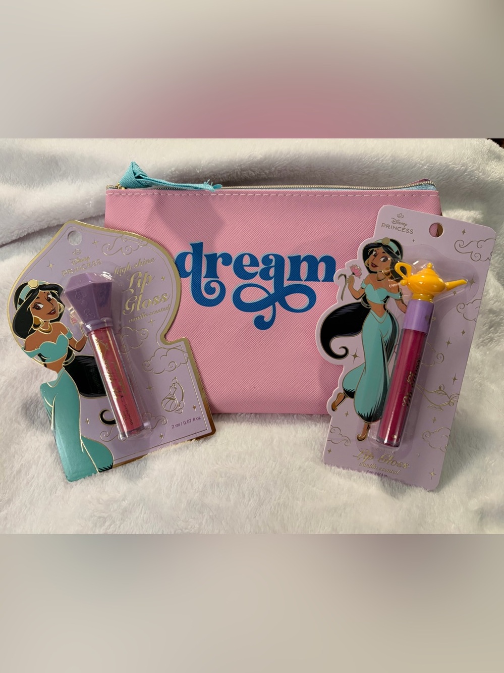 Disney Princess Jasmine Lip Gloss Vanilla Scented Set in Pink and Gold Accents